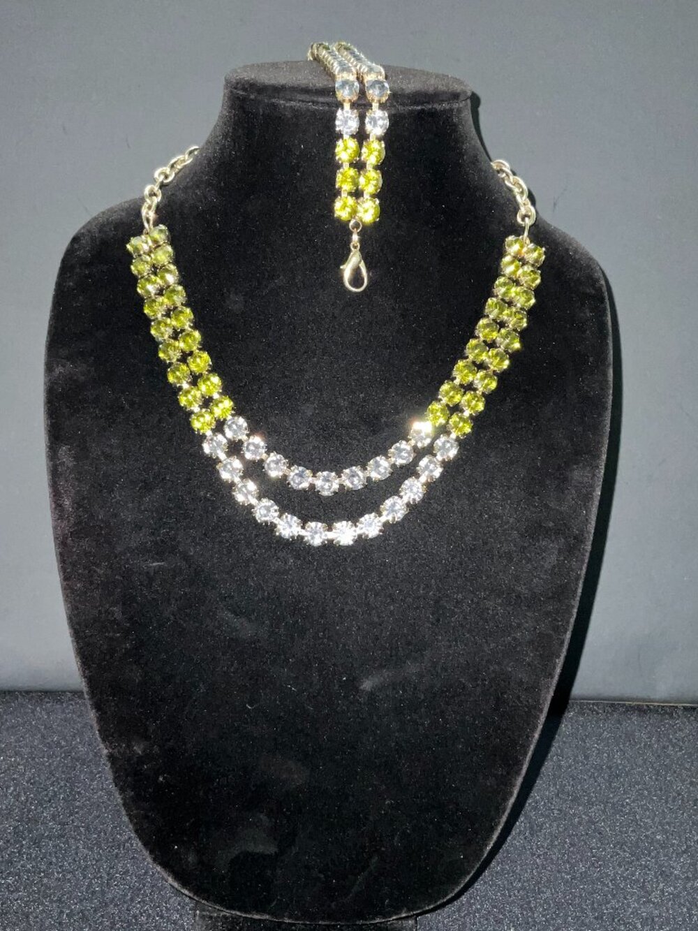 Olive Green Smoky Gray Rhinestone Necklace Bracelet Set Gold Tone